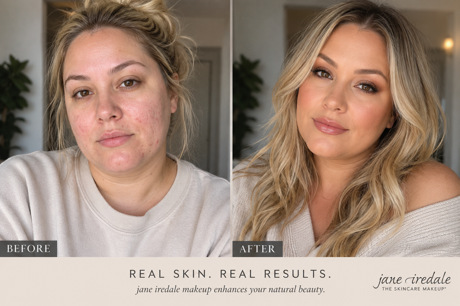 Before and after Jane Iredale makeup application at House of Rose Aesthetics