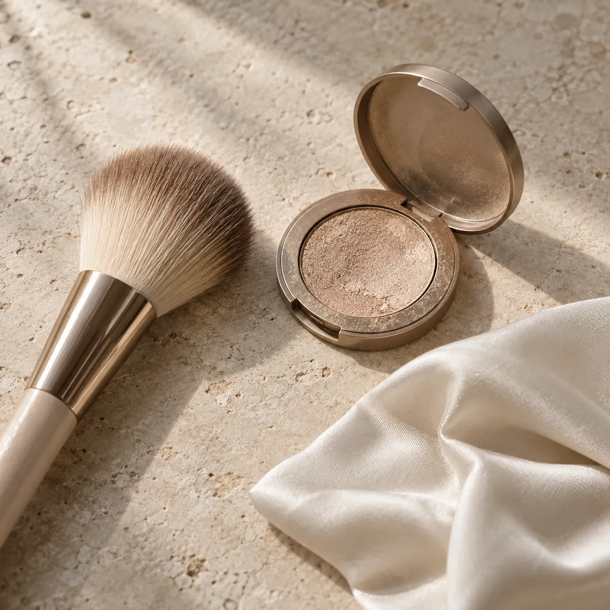 Champagne eyeshadow, a powder brush and ivory silk