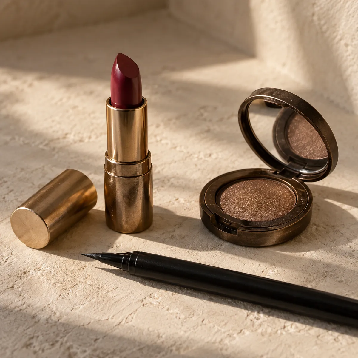 Berry lipstick, bronze eyeshadow and eyeliner