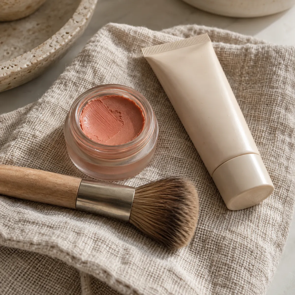 Peach blush, a makeup brush and a tinted moisturizer tube