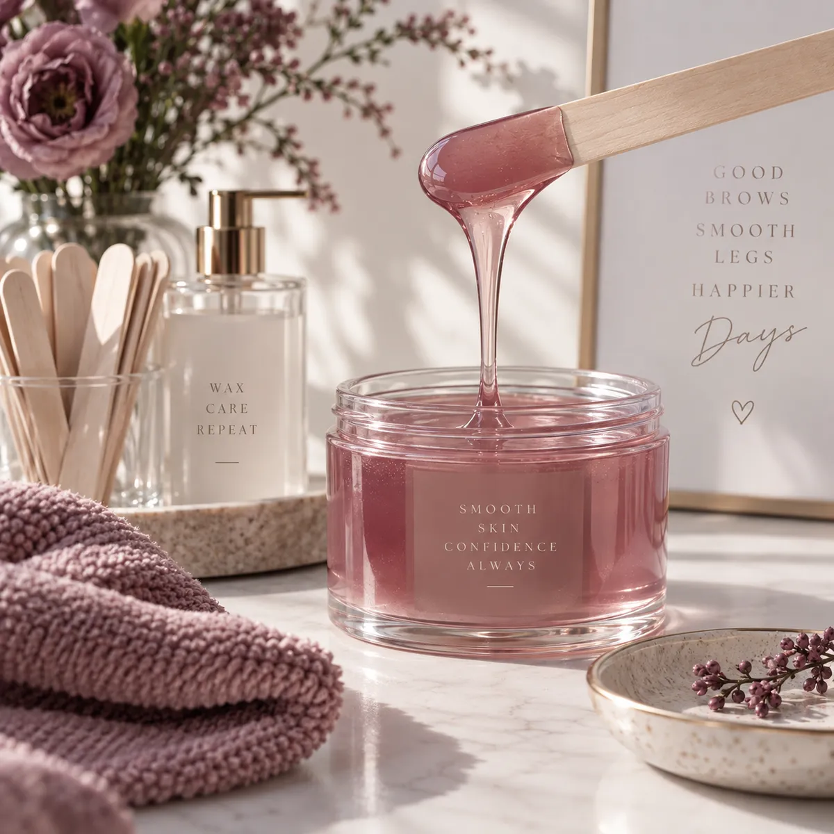 Rose-colored wax and a wooden applicator in a warm neutral still life