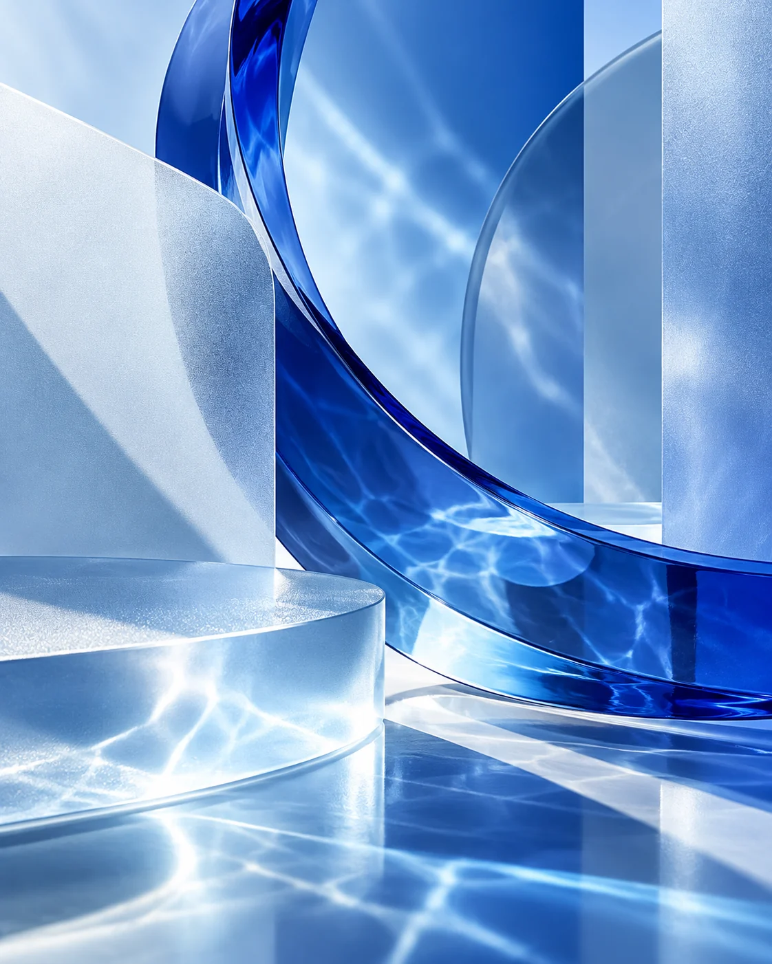 Abstract cobalt and ice-blue glass forms created for the Skin Lab event
